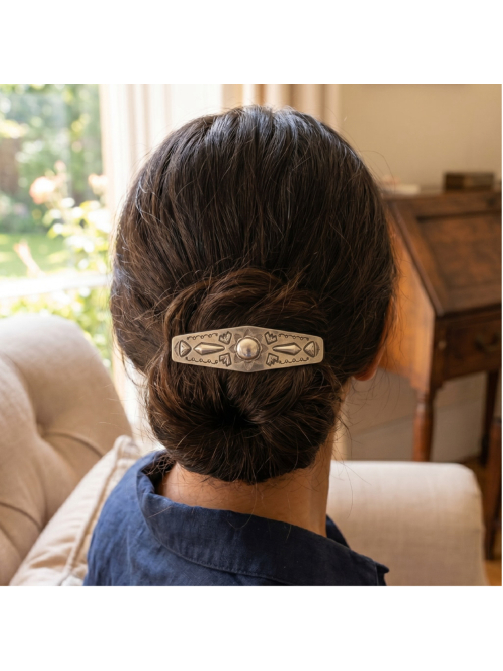 Vintage Navajo Sterling Silver Hand-Stamped Hair Barrette 3.5" - Picture 3 of 8